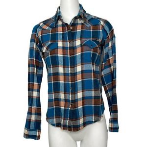 Wrangler Rancher Blue Plaid Pearl Snap Western Rodeo Button Down Shirt M